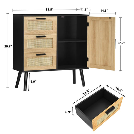 Iwell Storage Cabinet with Rattan Door & 3 Drawers, Rattan Cabinet with Adjustable Shelf, Rattan Dresser, Accent Cabinet for Living Room, Entryway, Kitchen, Black Iwell
