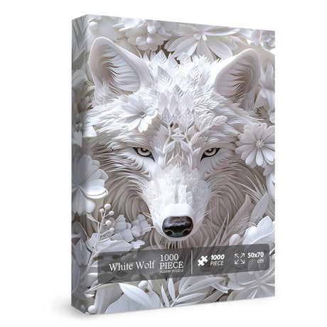 Impossible Flower Wolf Puzzles for Adults 1000 Pieces, Hard Difficult Animals White Jigsaw Puzzles, Floral Winter Wolves Art Puzzles BBOLDIN