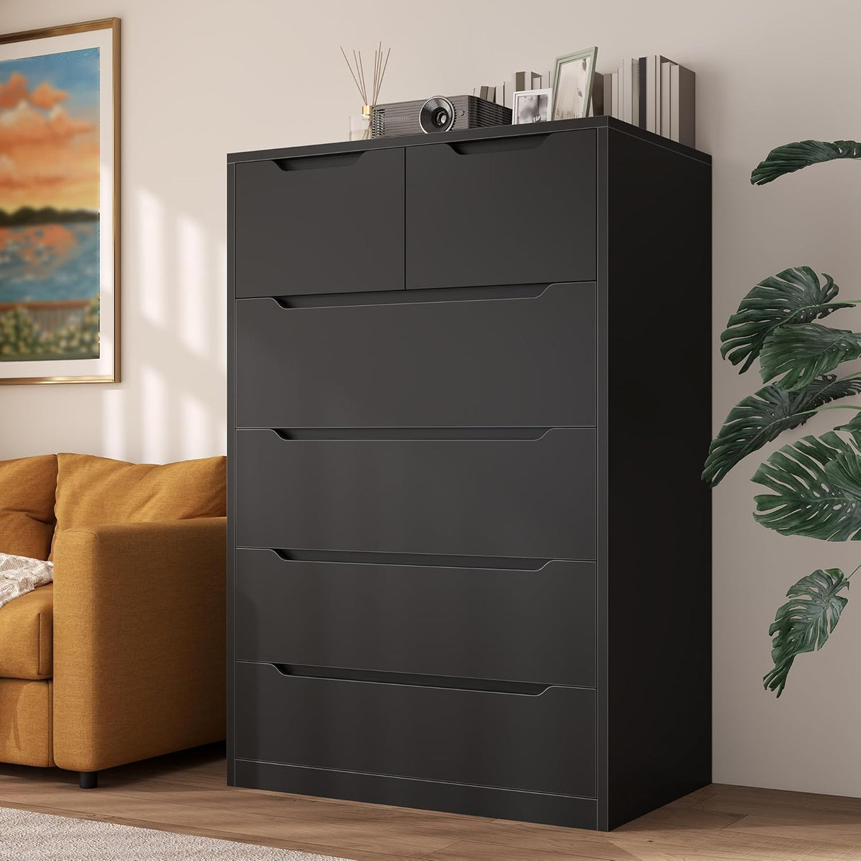 Romorgniz 6 Drawer Dresser for Bedrom, Black Tall Chest of Drawers Modern Wooden Dresser for Living Room, Entryway, Hallway, 43.2" H X 27.6" W X15.6 D Romorgniz