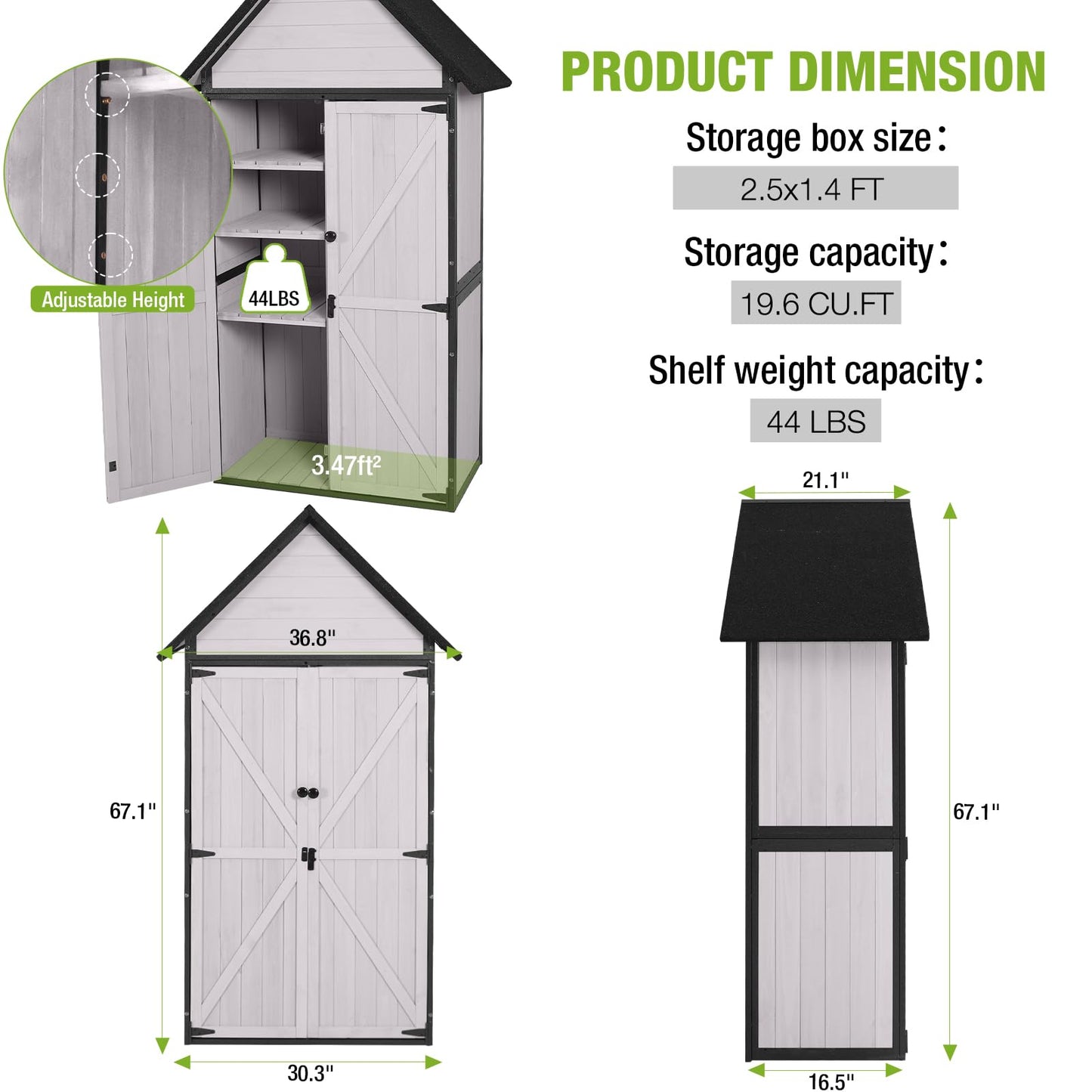 GUTINNEEN Shed Outdoor Storage Upgraded with Durable Metal Frame Garden Shed Tool Storage Cabinet with Wooden Floor Adjustable Shelfs 2.5 x 1.4FT （Off-White）