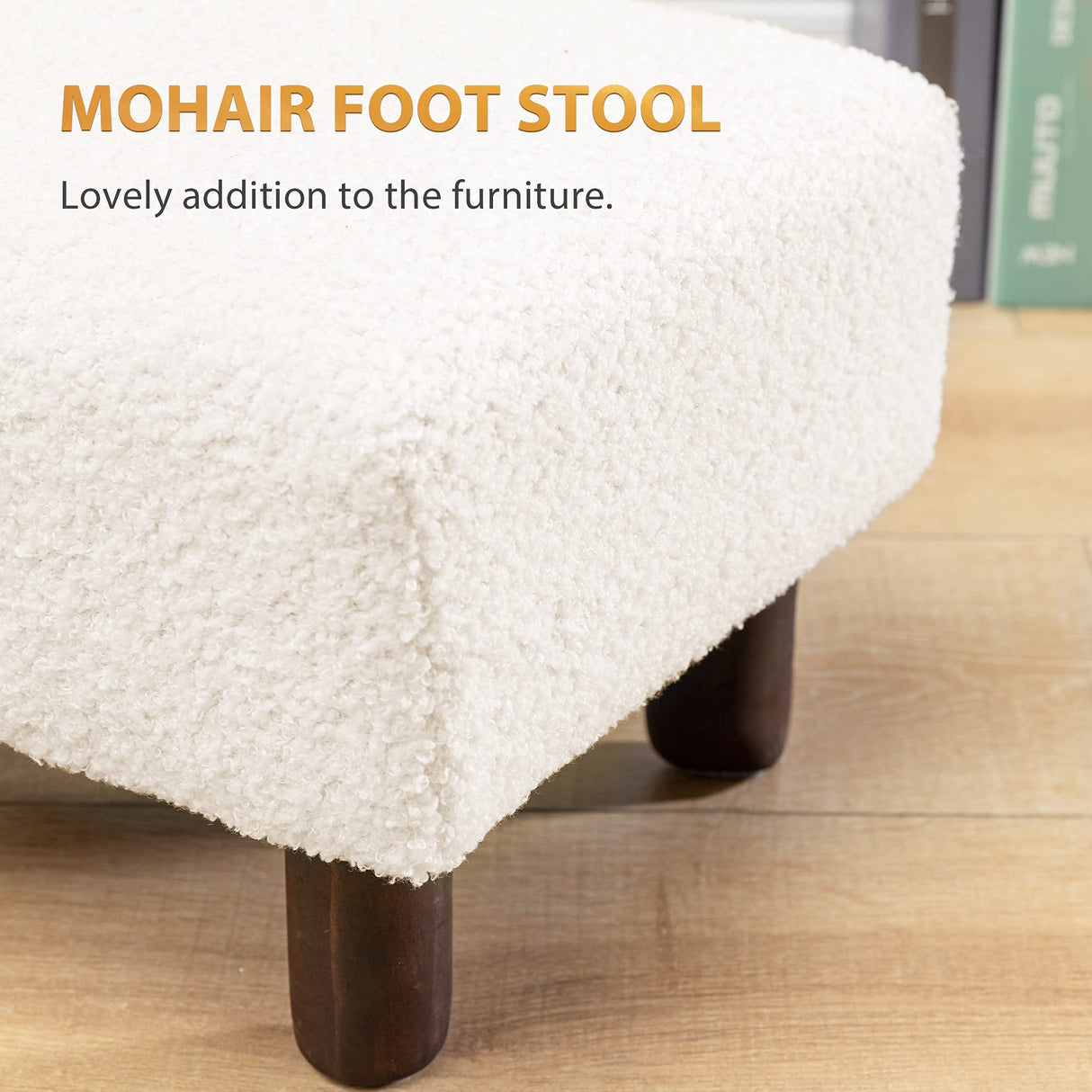 Small Beige Fur Padded Foot Stool, Storage Ottoman Foot Rest with Wooden Legs, 9.5Inch, Modern Rectangle Chair Foot Rest Foot Step Stool for Living Room, Couch, Desk LUE BONA