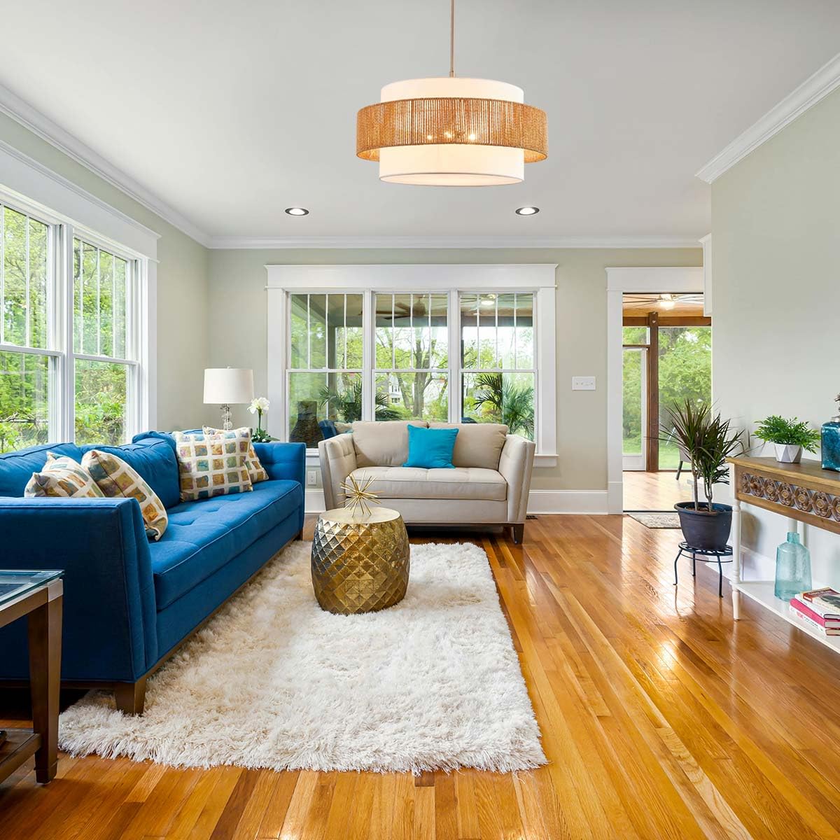 24'' Rattan Large Drum Chandeliers Light Fixtures,5 Light Boho Pendant Light Farmhouse Rustic Hand Woven Lighting for Dining Room Kitchen Island Living Room Bedroom,Brushed Nickel Finish Metal TELAFLY