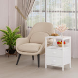 Furologee Nightstand with 2 Fabric Drawers, White Bedside Table, End Table with 2-Tier Shelf, Side Table with Hooks and Wood Top for Bedroom/Living Room/Hallway/White Furologee