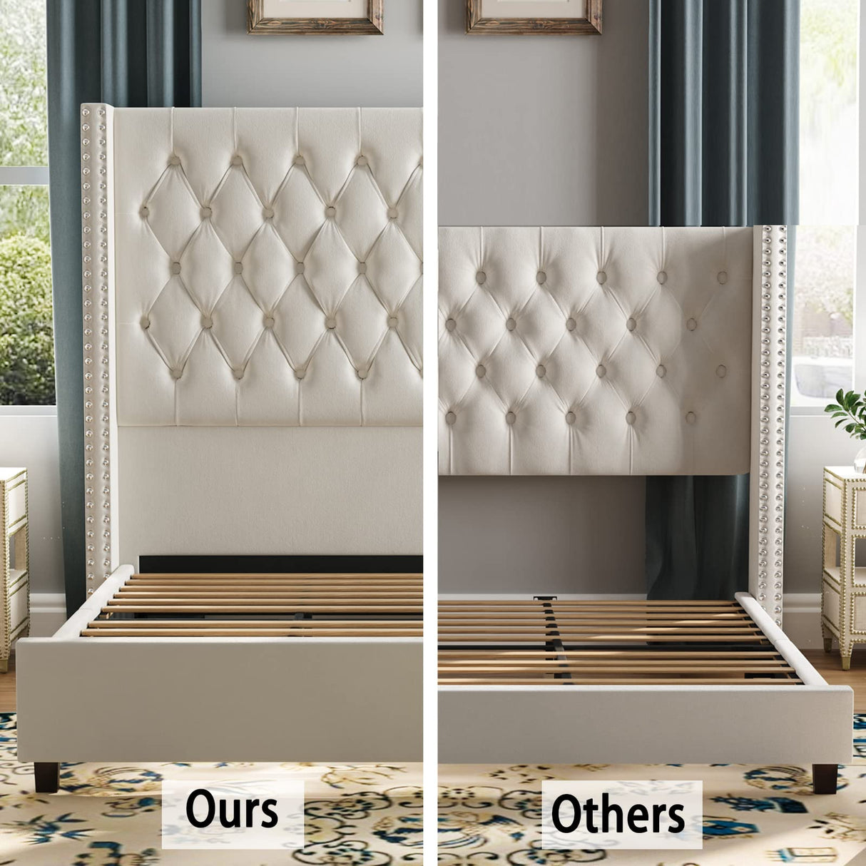 Jocisland Velvet Upholstered Bed Frame Queen Size 61.4" Tall Headboard Queen Bed Frame/Deep Button Tufted/No Box Spring Needed/Cream Jocisland