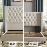 Jocisland Velvet Upholstered Bed Frame King Size 61.4" Tall Headboard King Bed Frame/Deep Button Tufted/No Box Spring Needed/Cream Jocisland