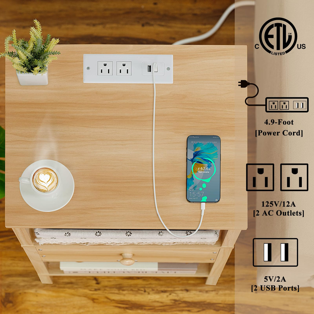 Lerliuo Nightstand with Charging Station and USB Ports, 3-Tier Storage End Table with Drawer Shelf, Night Stand for Small Spaces, Wood Bedside Table for Living Room, Bedroom - Natural Wood Lerliuo