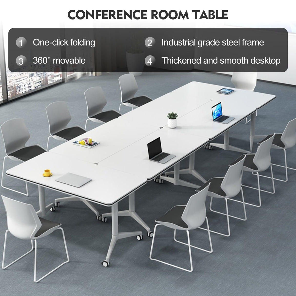 Folding Conference Table, Conference Room Table Flip Top Mobile Meeting Seminar Tables with Wheels, Modern Foldable Office Training Room Table for Home Office Classr (2Pcs 47.2in) AKSOUDEW