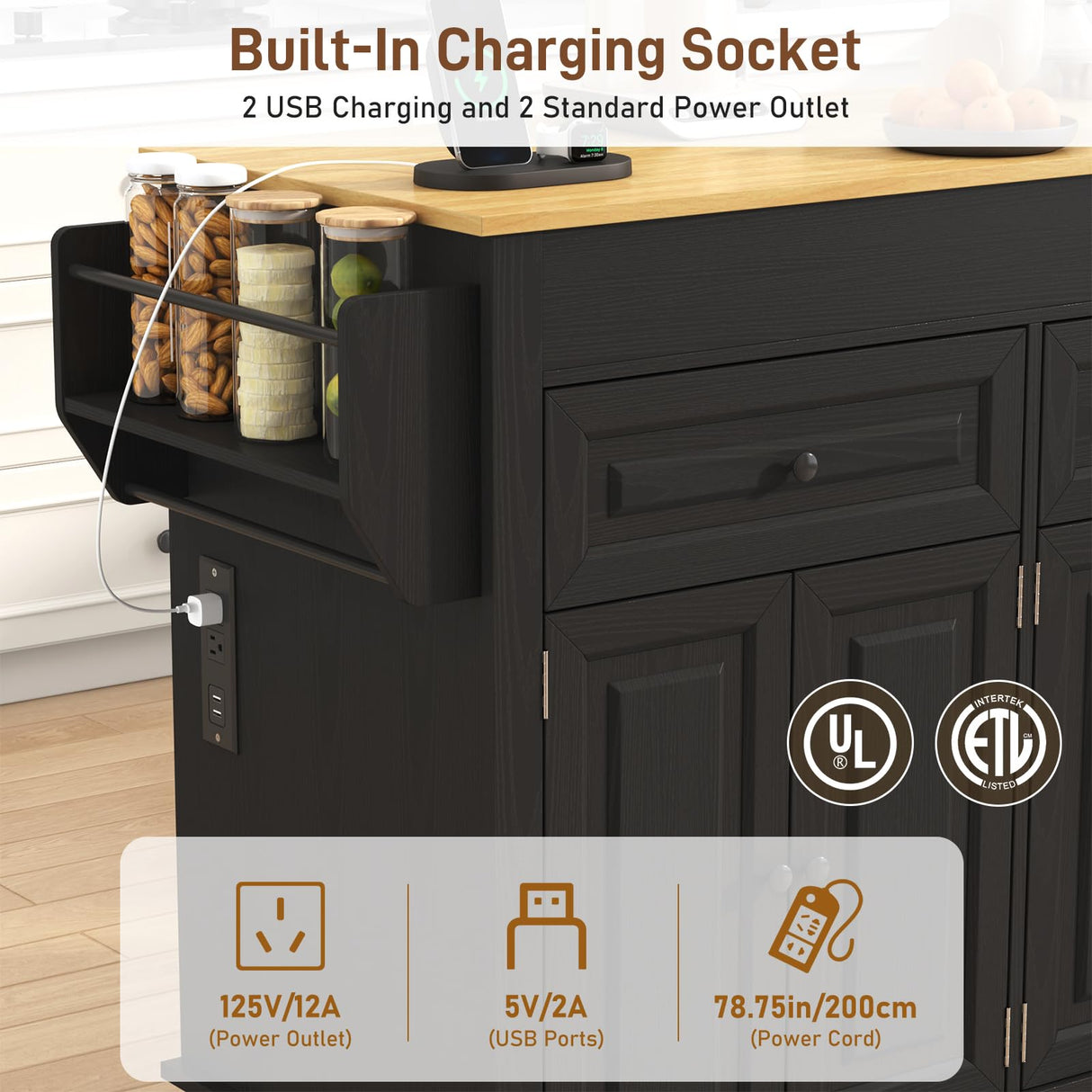 80"-48" Extendable Kitchen Island with Extended Dining Table and Power Outlet,Large Mobile Kitchen Storage Islands with 2 Storage Drawers,Rolling Islands Cart with 3 Extra Rows Open Shelves(Black) chartustriable