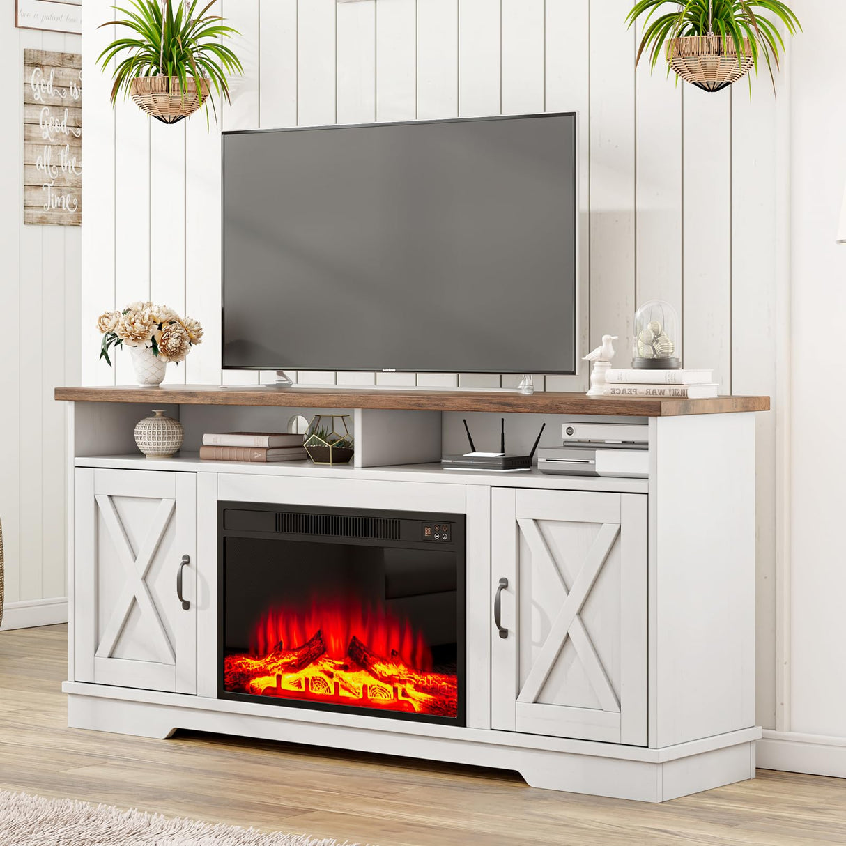 AMERLIFE 63" Farmhouse TV Stand with 26" Fireplace, for TVs up to 73", Media Entertainment Center with Adjustable Shelf & Barn Doors, Rustic TV Console Cabinet for Living Room, Rustic Oak & White AMERLIFE