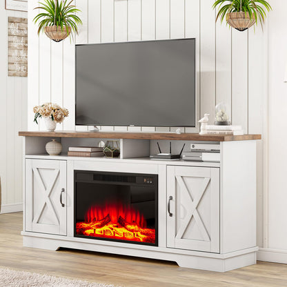 AMERLIFE 63" Farmhouse TV Stand with 26" Fireplace, for TVs up to 73", Media Entertainment Center with Adjustable Shelf & Barn Doors, Rustic TV Console Cabinet for Living Room, Rustic Oak & White