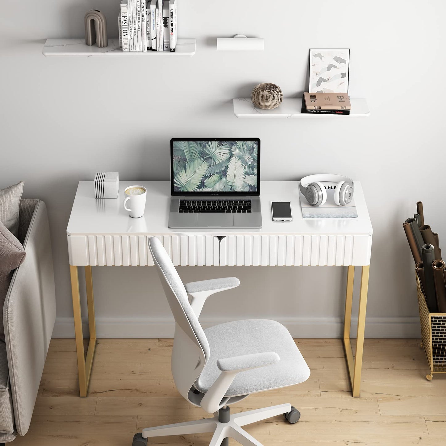 Tamworth Design Elegant Modern Desk, 2 Drawers, Gold Legs, 43.3x15.75 inches, Home Office, Makeup Vanity, Computer, Writing, Study, Entryway, Sofa Table