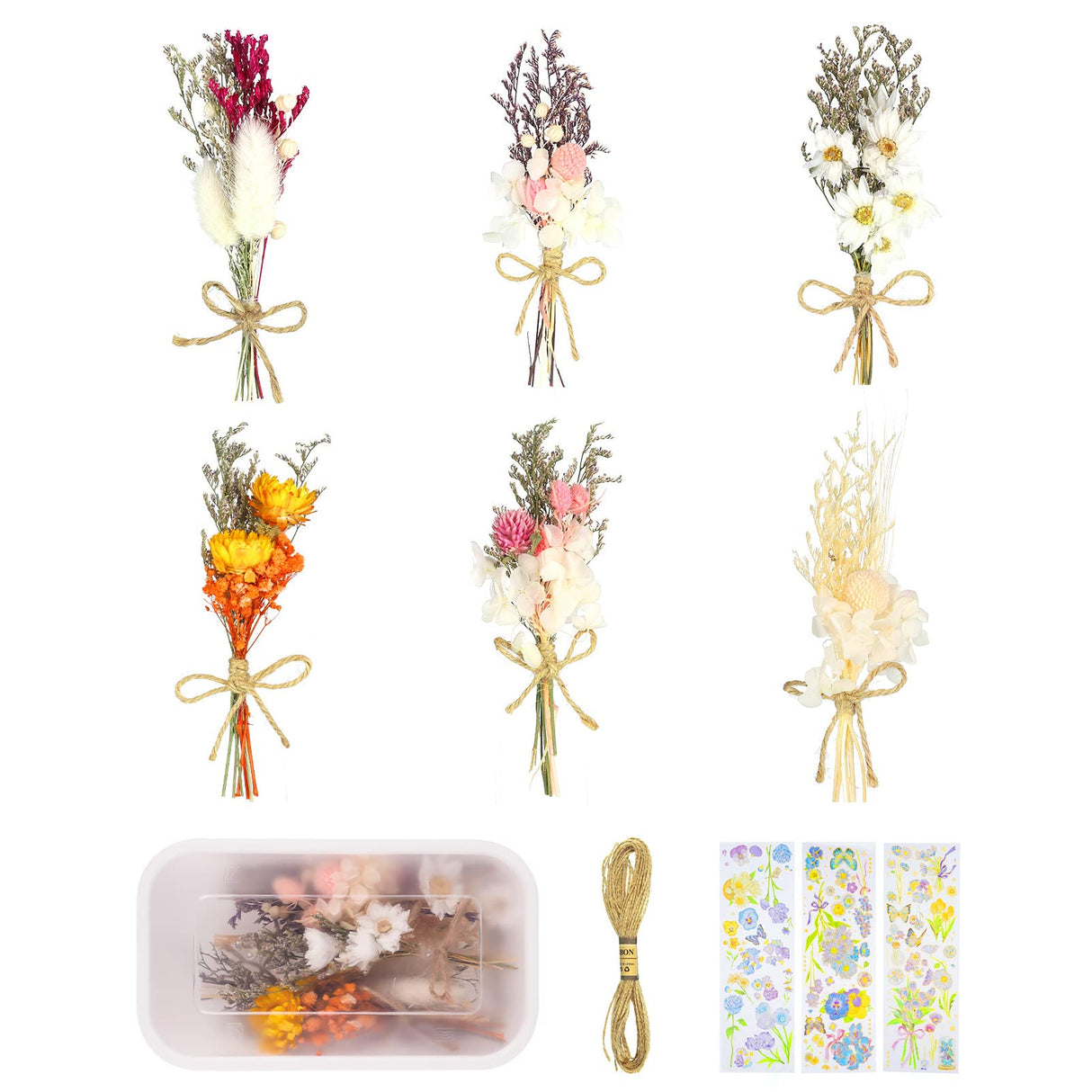 Chenkaiyang 6Pcs Mini Dried Flowers Bouquet, Mixed Natural Dried Flowers Gypsophila Bouquets Boutonniere Table Centerpieces Birthday Cake Flowers for DIY Crafts with 3 Flower Stickers 10m Hemp Rope Chenkaiyang