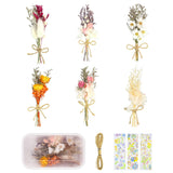 Chenkaiyang 6Pcs Mini Dried Flowers Bouquet, Mixed Natural Dried Flowers Gypsophila Bouquets Boutonniere Table Centerpieces Birthday Cake Flowers for DIY Crafts with 3 Flower Stickers 10m Hemp Rope Chenkaiyang