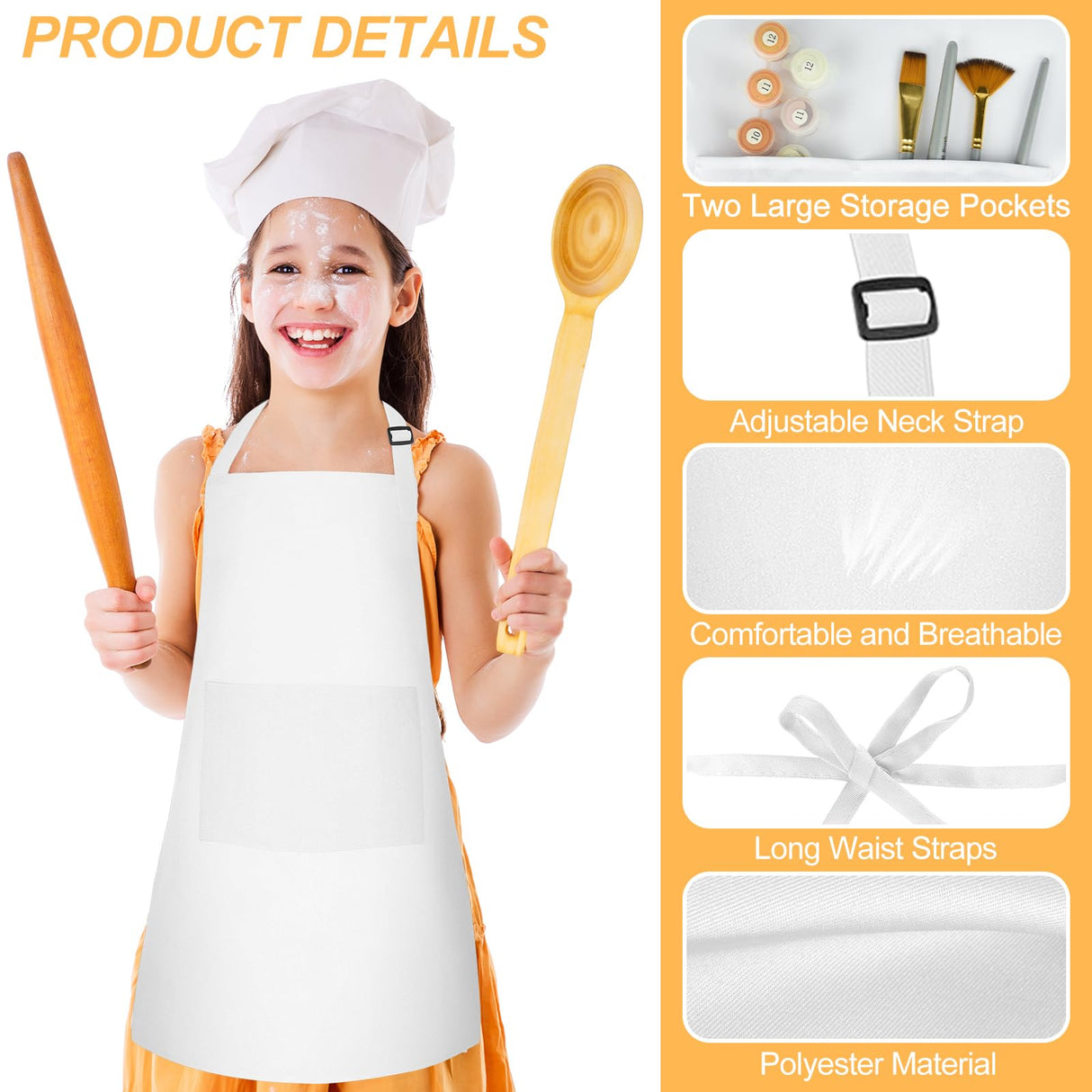 Morcheiong 8 Pack Adjustable Kids Apron Bulk with 2 Pockets Toddler Apron Kids Painting Aprons for Cooking Baking Painting Boys Girls (White) Morcheiong