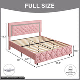 Full Size Bed Frame, Upholstered Platform Bed with Button Tufted Headboard, Princess Bed Frame with Diamond Design, No Box Spring Required, Easy Assembly, Pink BarnFurin