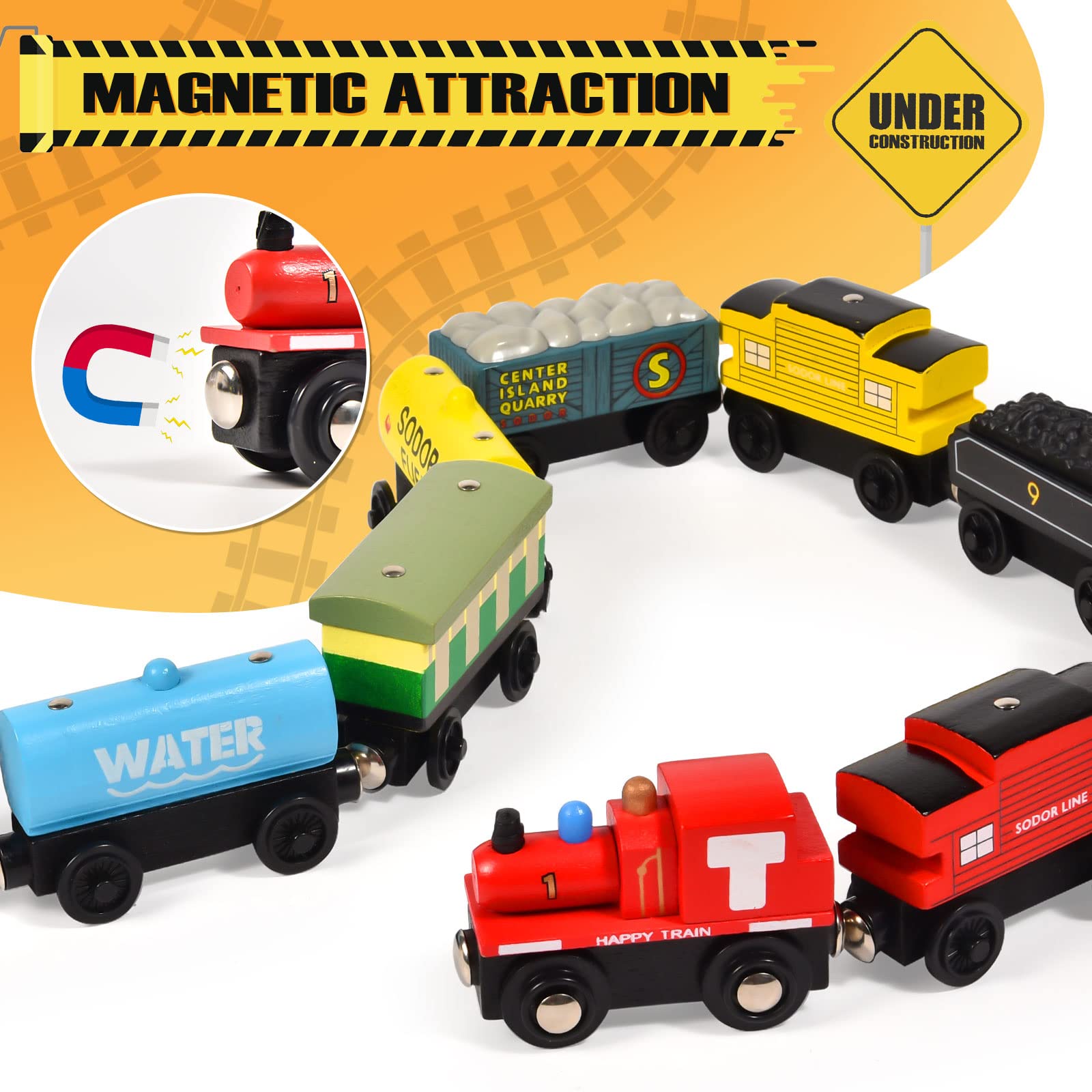 Atoylink 12Pcs Wooden Train Set Magnetic Train Toys for Toddlers Kids Engine Vehicles Toy Train Cars for Boys Girls Compatible with Train Tracks - WoodArtSupply