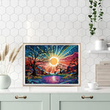 hyzsj Paint by Numbers Kit for Adults with Frame, Sun Paint by Numbers for Adults, Tree River Paint by Number with Easel, DIY Paint by Number Kits for Home Wall Decor （11.8x15.7inch ） hyzsj