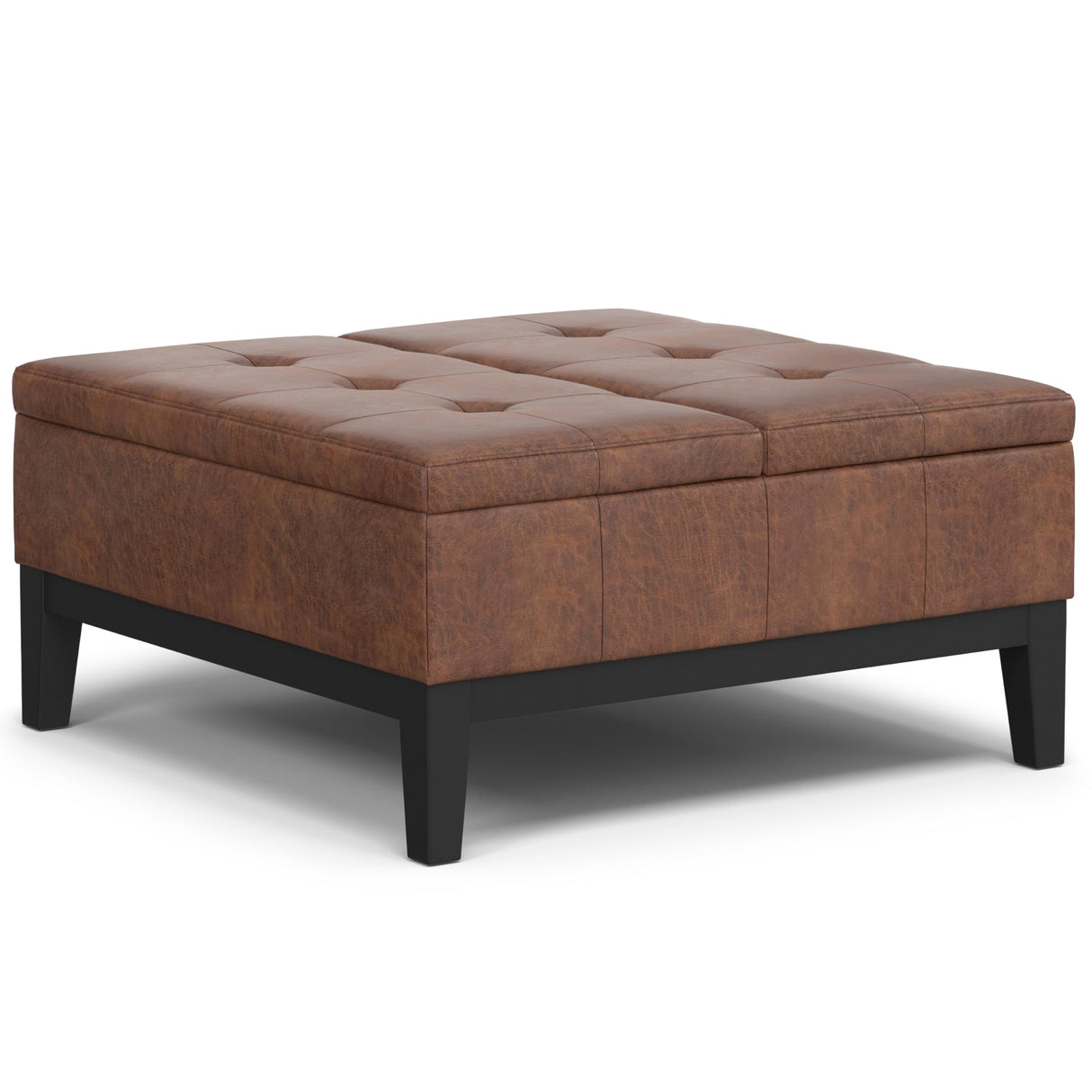 SIMPLIHOME Dover 36 inch Wide Contemporary Square Lift Top Coffee Table Storage Ottoman in Distressed Saddle Brown Vegan Faux Leather, Assembled, for The Living Room, Entryway and Family Room SIMPLIHOME