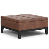 SIMPLIHOME Dover 36 inch Wide Contemporary Square Lift Top Coffee Table Storage Ottoman in Distressed Saddle Brown Vegan Faux Leather, Assembled, for The Living Room, Entryway and Family Room SIMPLIHOME