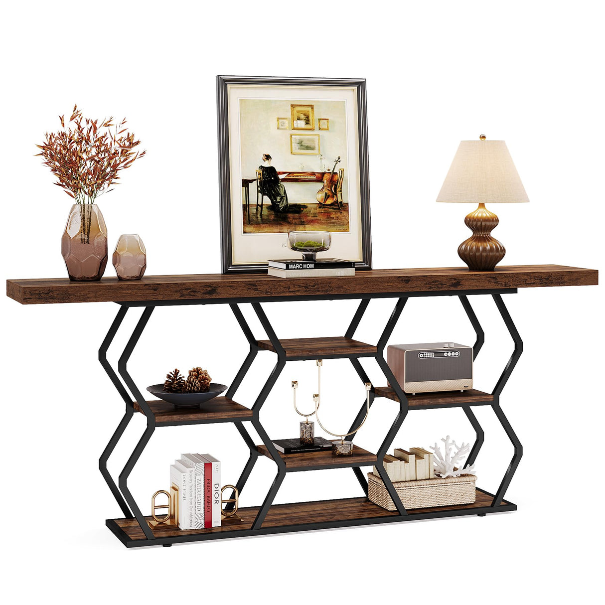 Tribesigns 70.9" Extra Long Console Table with Shelves, Narrow Sofa Table Behind Couch with Storage, Industrial Entryway Table TV Stand Accent Table for Living Room Hallway Foyer, Rustic Brown & Black Tribesigns
