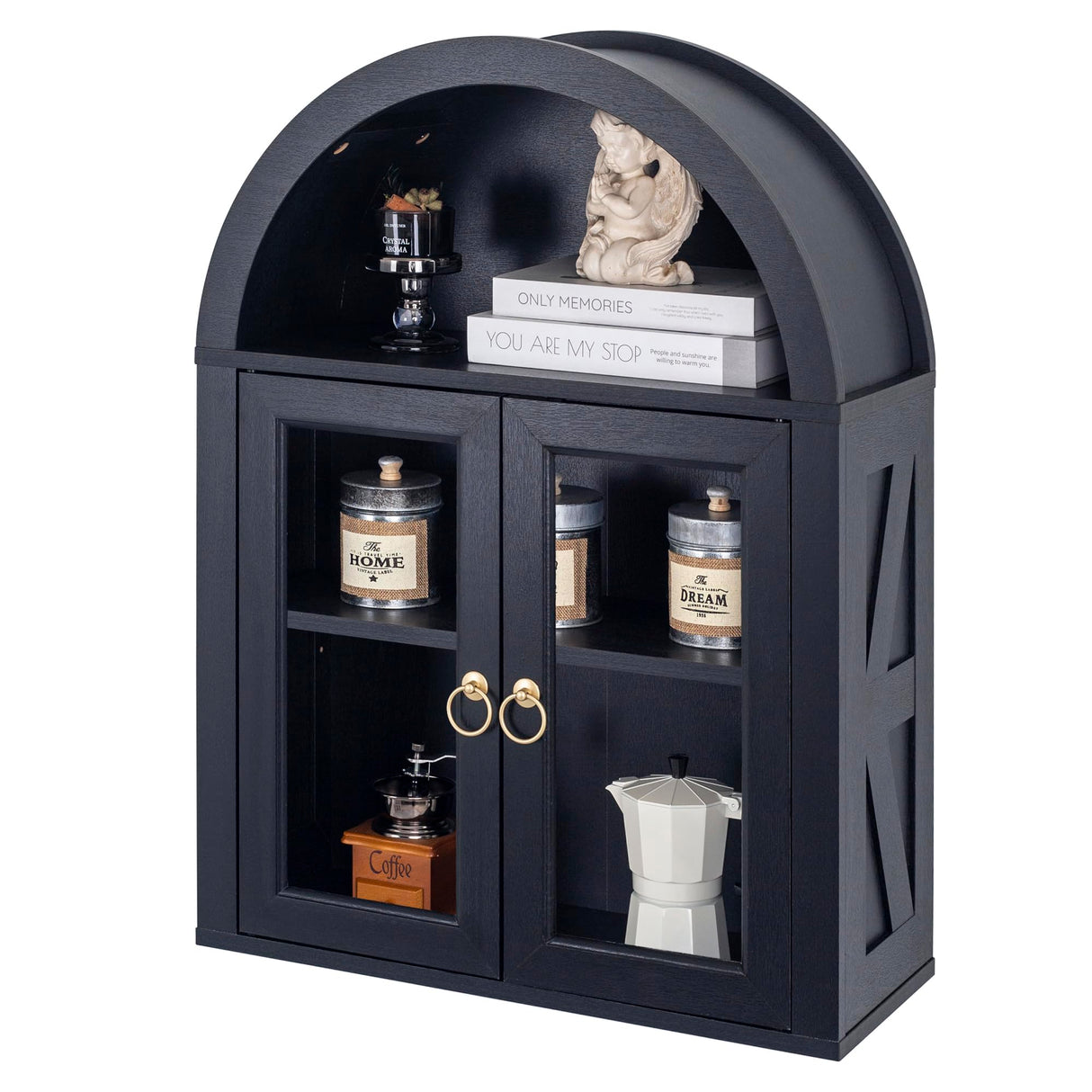 TDLEAYYD Arched Wall Cabinet with Glass Door, Arch Display Wall Mounted Cabinet, Farmhouse Wall Cabinet with Shelves for Living Room, Bathroom, Kitchen (Black) TDLEAYYD