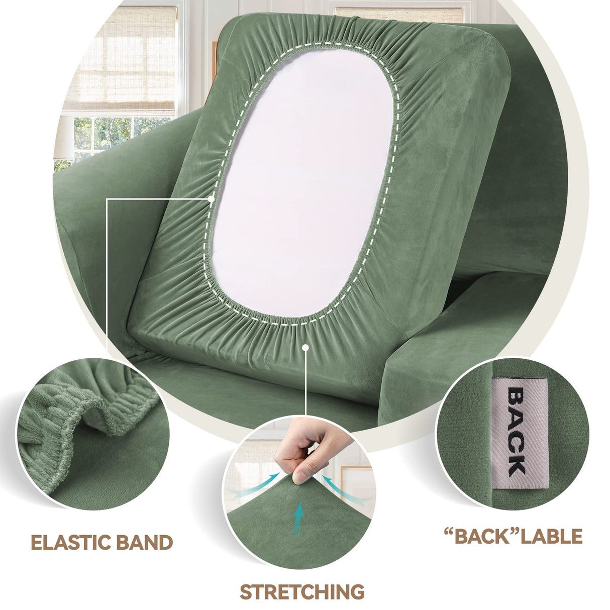 WEERRW 4 Pieces Velvet High Stretch Couch Covers for 3 Cushion Couch Sofa Slipcovers, Washable Furniture Protector with Non Slip Elastic Bottom, Feature Soft Plush Fabric, Greyish Green, Large WEERRW