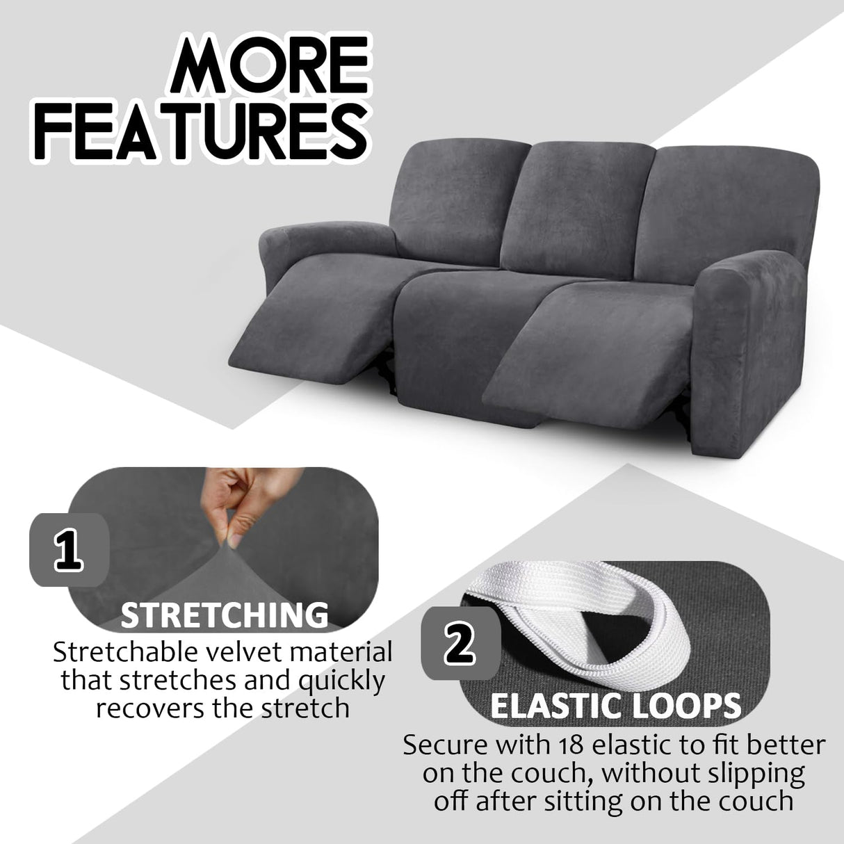 ULTICOR Velvet 8-Pieces Recliner Sofa Covers Stretch Reclining Couch Covers for 3 Cushion Reclining Sofa Slipcovers Furniture Covers Thick Soft Washable (3 Seater Recliner Cover, Dark Gray) ULTICOR