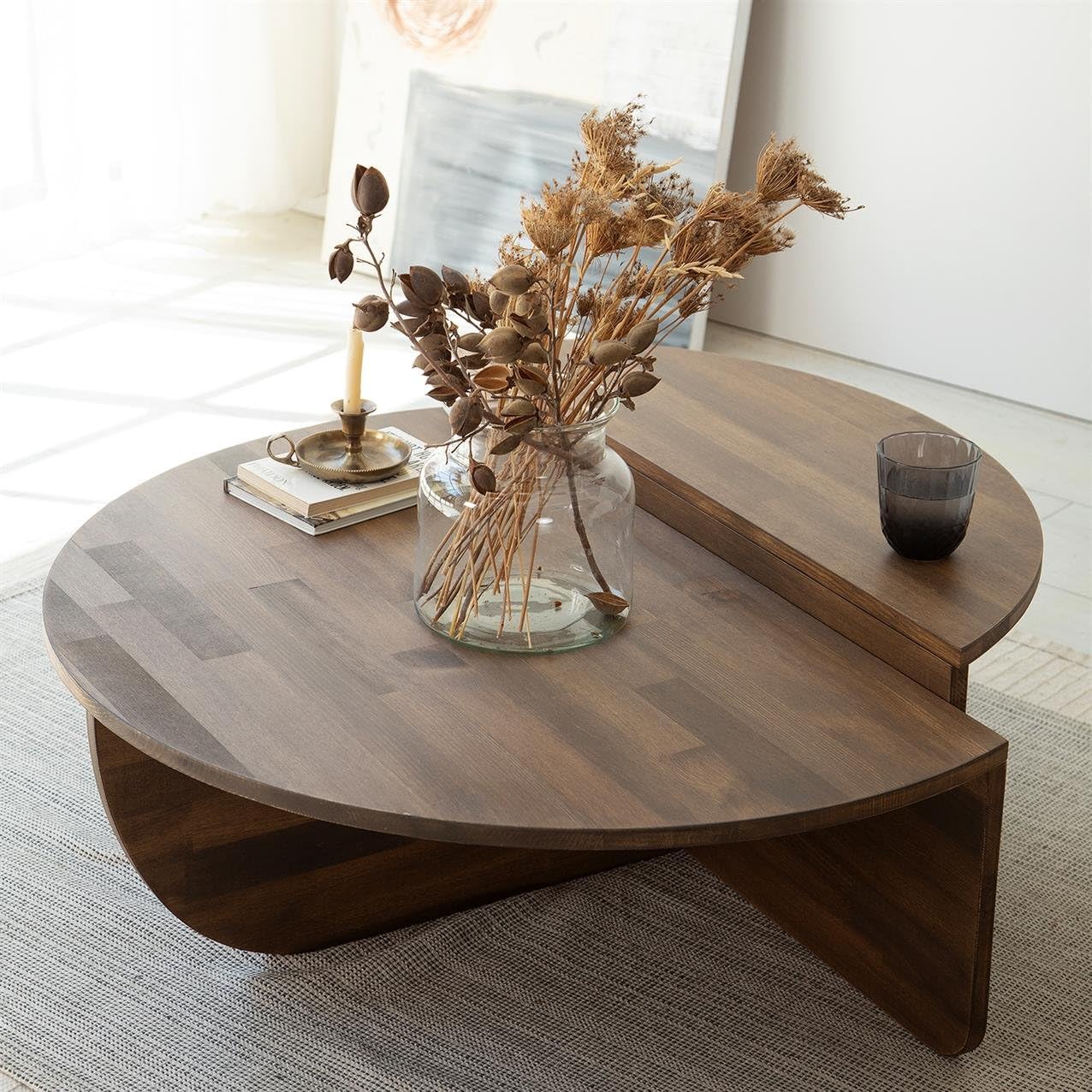 FAWdecor Modern Solid Wood Coffee Table, Round Wood Center Table, Unique Nesting Coffee Tables, Mid Century Aesthetic Low Coffee Table (Walnut) - WoodArtSupply