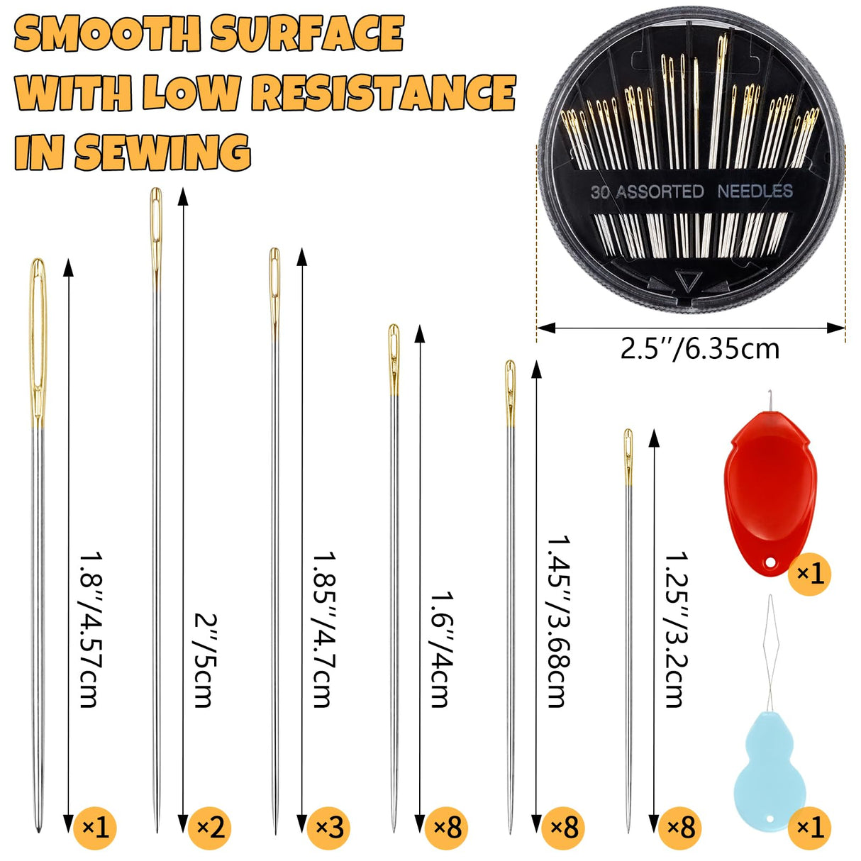 FIVEIZERO 30-Count Premium Hand Sewing Needles, 6 Sizes Embroidery Needles Kit with Threaders for Hand Sewing Crafts,Large Eye Sewing Needle Kit for Art and Craft Projects FIVEIZERO