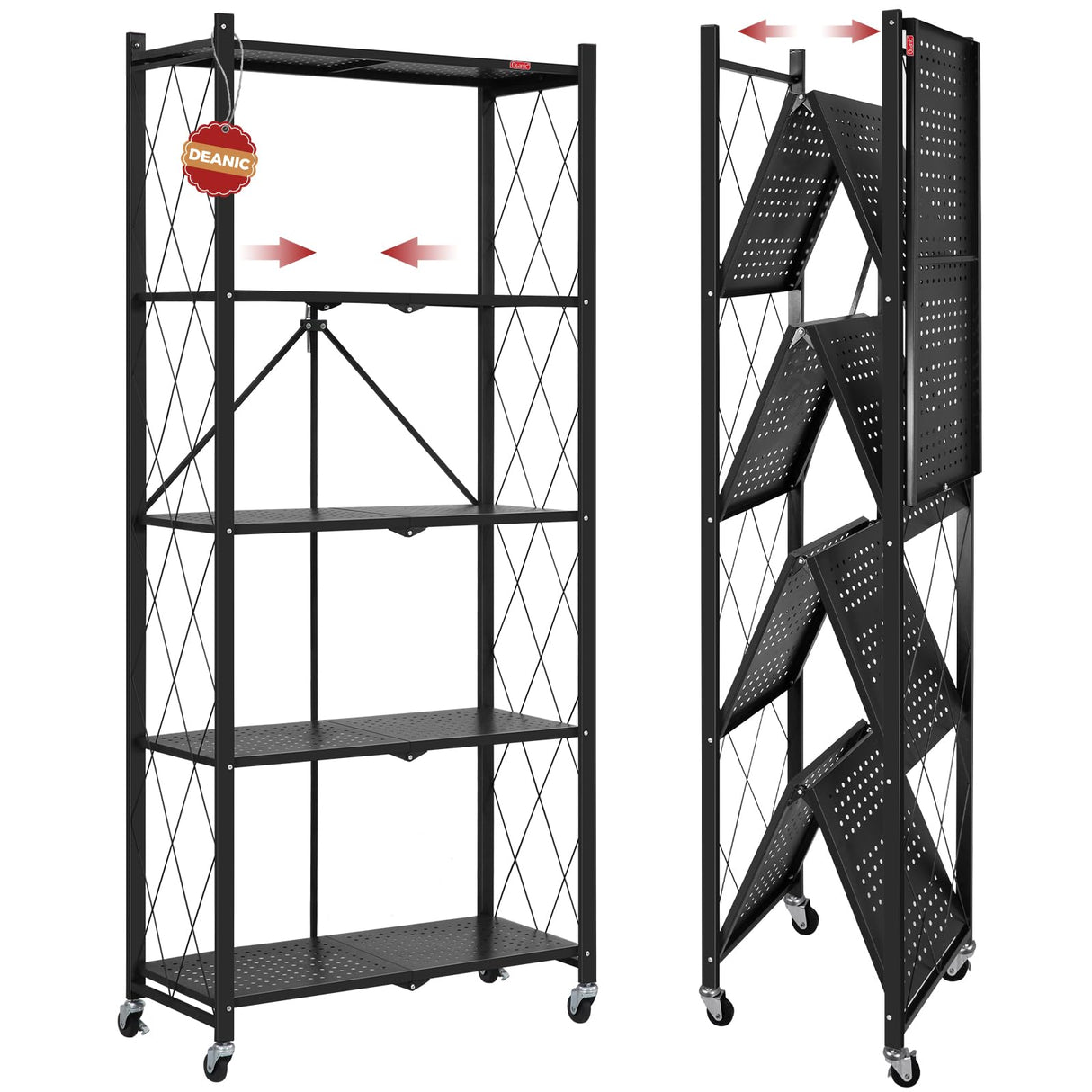 DEANIC 5 Tier Foldable Storage Shelves with Wheels, Large Capacity Shelving Unit, Freestanding Metal Wire Shelf Rack, No Assembly Organizer Rack for Garage Kitchen, Basement, Pantry(Black) DEANIC