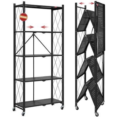 DEANIC 5 Tier Foldable Storage Shelves with Wheels, Large Capacity Shelving Unit, Freestanding Metal Wire Shelf Rack, No Assembly Organizer Rack for Garage Kitchen, Basement, Pantry(Black)