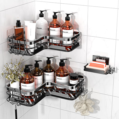 Getsrichfc Large Capacity Shower Caddy, Heavy-Duty Adhesive Shower Organizers with Custom Aesthetic Design Soap, No Drilling Corner Shower Shelves, 5 Hooks for Bathroom Accessories - 3 Pack Getsrichfc