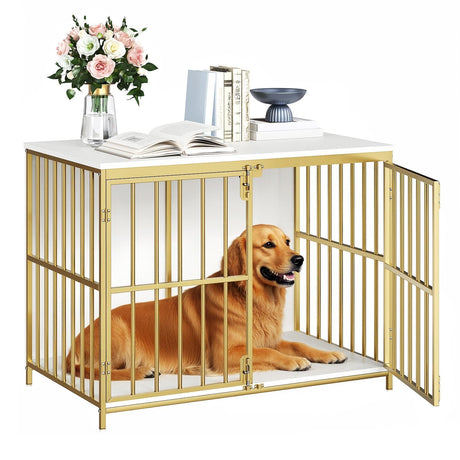 HOOBRO 38.6" Dog Crate Furniture, Wooden Indoor Dog Kennel, Decorative Dog Crate End Table, Chew-Resistant Heavy Duty Dog Crate for Small/Medium Dog, White and Gold DW100GW03 HOOBRO