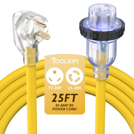 TOOLIOM 𝟑𝟎 𝐀𝐦𝐩 𝐆𝐞𝐧𝐞𝐫𝐚𝐭𝐨𝐫 𝐂𝐨𝐫𝐝, NEMA 𝐓𝐓-𝟑𝟎𝐏/𝐋𝟓-𝟑𝟎𝐑 Generator Extension Cord, UL Listed 125V 3750W 10 AWG SJTW with Lighted Power Indicator (𝟐𝟓𝐅𝐓) TOOLIOM