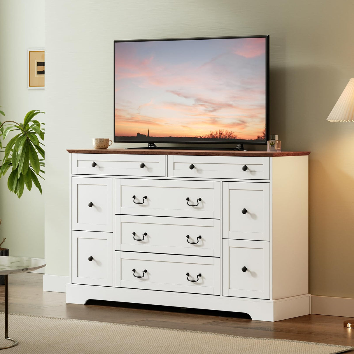 MAHANCRIS Farmhouse 9 Drawer Dresser for Bedroom, 55.1'' Modern Dresser, Engineered Wood Chest of Drawers, TV Stand with Storage, for Bedroom, Living Room, Hallway, White and Walnut MAHANCRIS