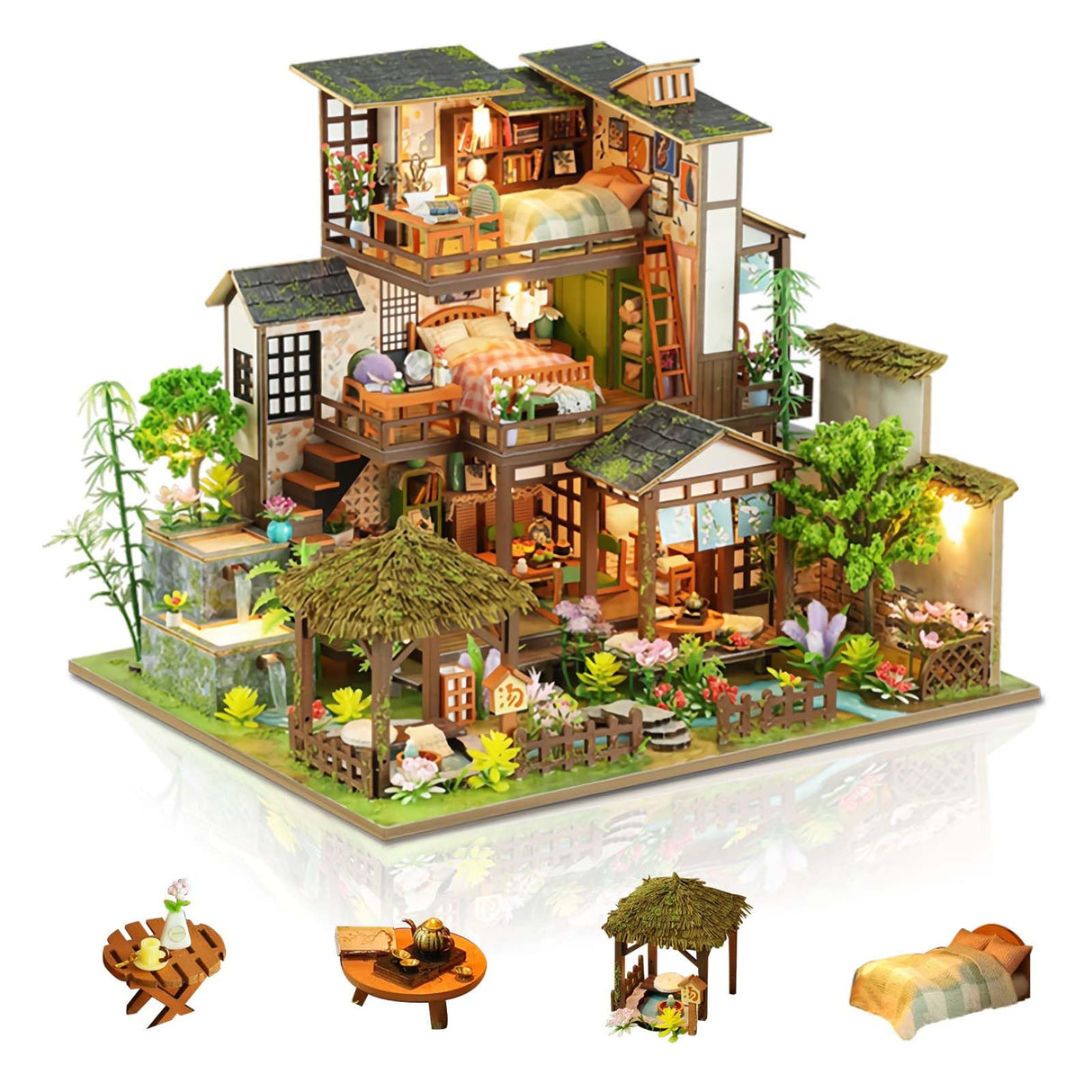 Foyucool Miniature House Kit, Tiny House Kit with Light, DIY Mini House Building Kits for Adults to Building, Unique Gift for Birthday Christmas, Bamboo Spring Courtyard Foyucool