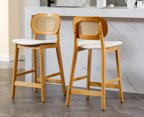 EALSON Counter Height Bar Stools Set of 4 Rattan Back Farmhouse Barstools Mid Century Modern Bar Chairs with Natural Wood Legs Comfortable Leather Upholstered Kitchen Island Chairs, White EALSON