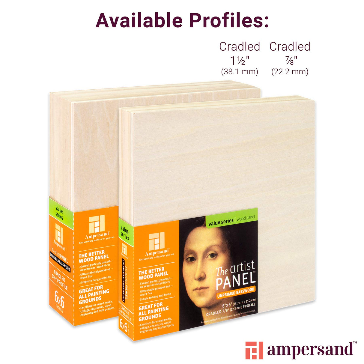 Ampersand Art Supply Unprimed Basswood Artist Panel, 1-1/2" Cradled Profile, 6"x6" Ampersand Art Supply