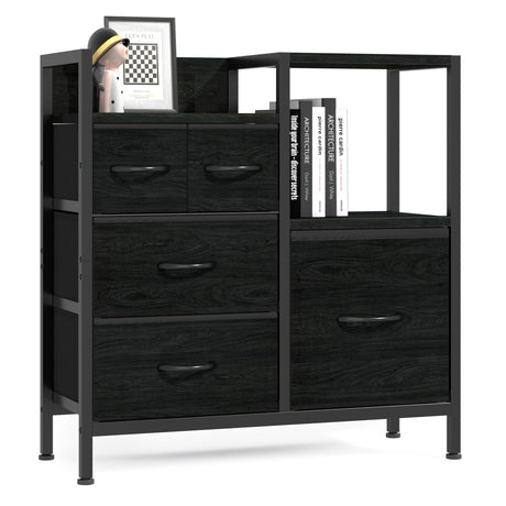 Furnulem Dresser for Bedroom Organization Fabric Dresser Units with 5 Storage Drawers Sturdy 2 Tier Shelf Large Space Dresser Bedroom Dresser for Hallway Entryway Dorm Black Furnulem