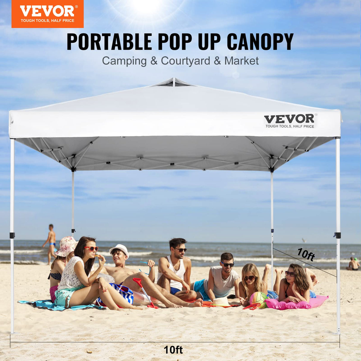 VEVOR Pop Up Canopy Tent, 10 x 10 ft, 250 D PU Silver Coated Tarp, with Portable Roller Bag and 4 Sandbags, Waterproof and Sun Shelter Gazebo for Outdoor Party, Camping, Commercial Events, White VEVOR