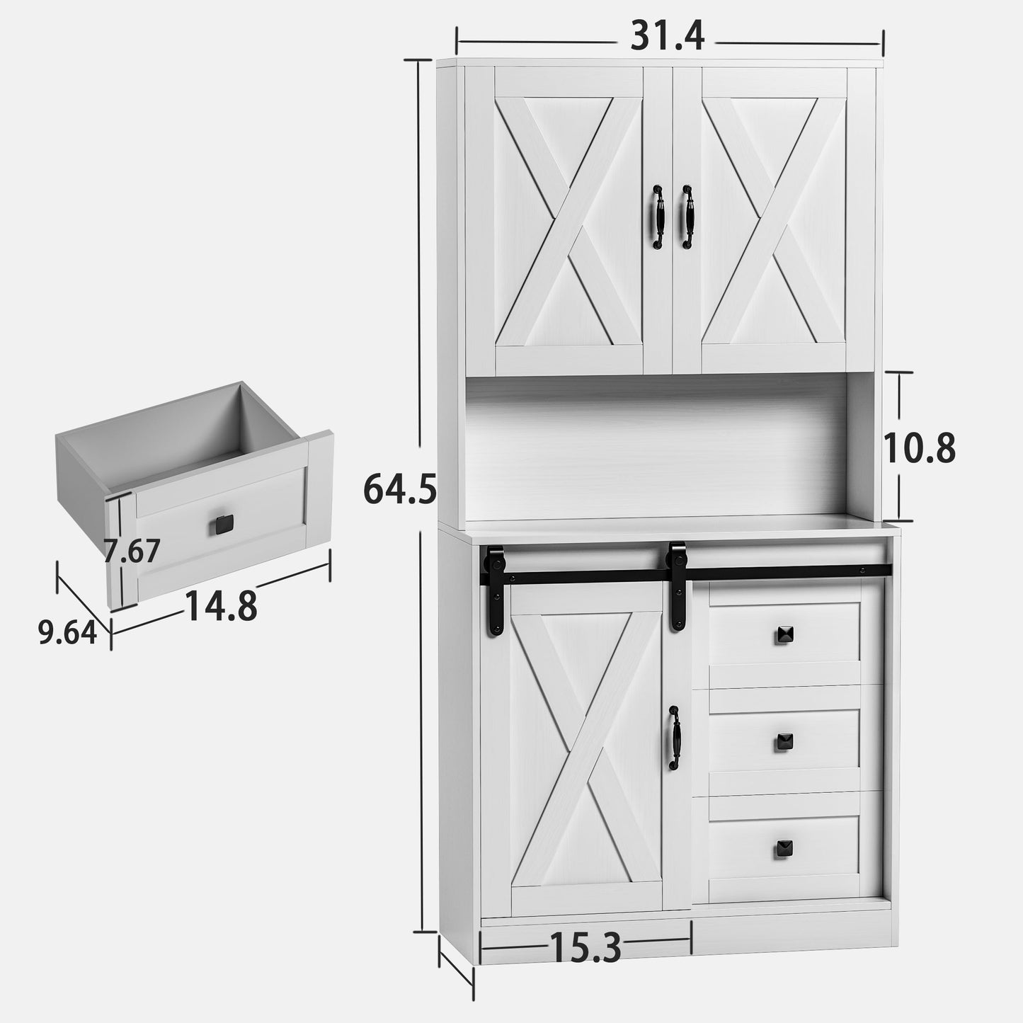 wanan Pantry Cabinet with Sliding Barn Door, 64.5'' Kitchen Pantry with 3 Drawers & 4 Shelves, Farmhouse Kitchen Hutch for Living Room, Bathroom and Dinning Room, White - WoodArtSupply