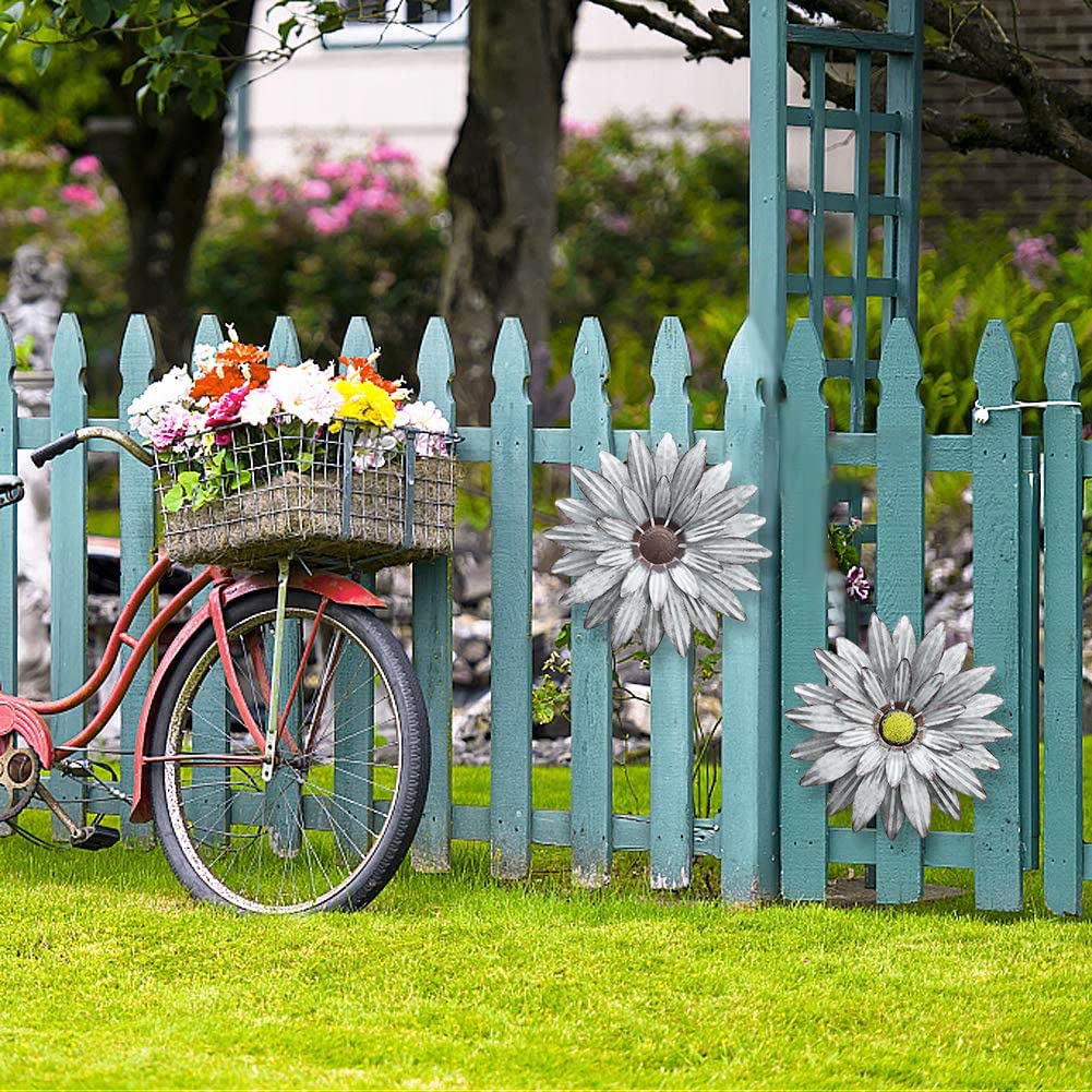 WKHOMEDECO Galvanized Farmhouse Metal Flowers Wall Decor Inspirational,Wall Decor Hanging for Indoor Outdoor Home Bedroom Living Room Office Porch Patio Garden Fence 13Inch,Handmade Gift, Set of 2 WKHOMEDECO