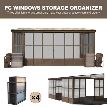 Domi Lean-to Sunroom 12x16FT, Wall Mounted Solarium with Sloping Polycarbonate Roof, Detachable Polycarbonate Screens, 2 Lockable Sliding Doors, Aluminum Gazebo Against Wall Sun Room for Patio Deck