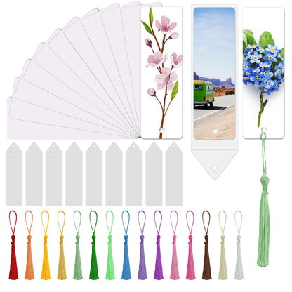 Solaradgy 30 Sets Blank Sublimation Bookmarks Double Sided with Clear Bookmark Sleeves and Colorful Tassels for Crafts Heat Transfer Aluminum Metal DIY Bookmarks with Hole for Gifts