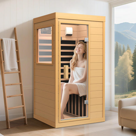 Far Infrared Sauna, Canadian Hemlock Wood Sauna Spa Room for Indoor,1062W 110V Low EMF Saunas with Control Panel and Integrated Speakers, Mini Home Sauna Room for One Person (Wood) OUTARFIE