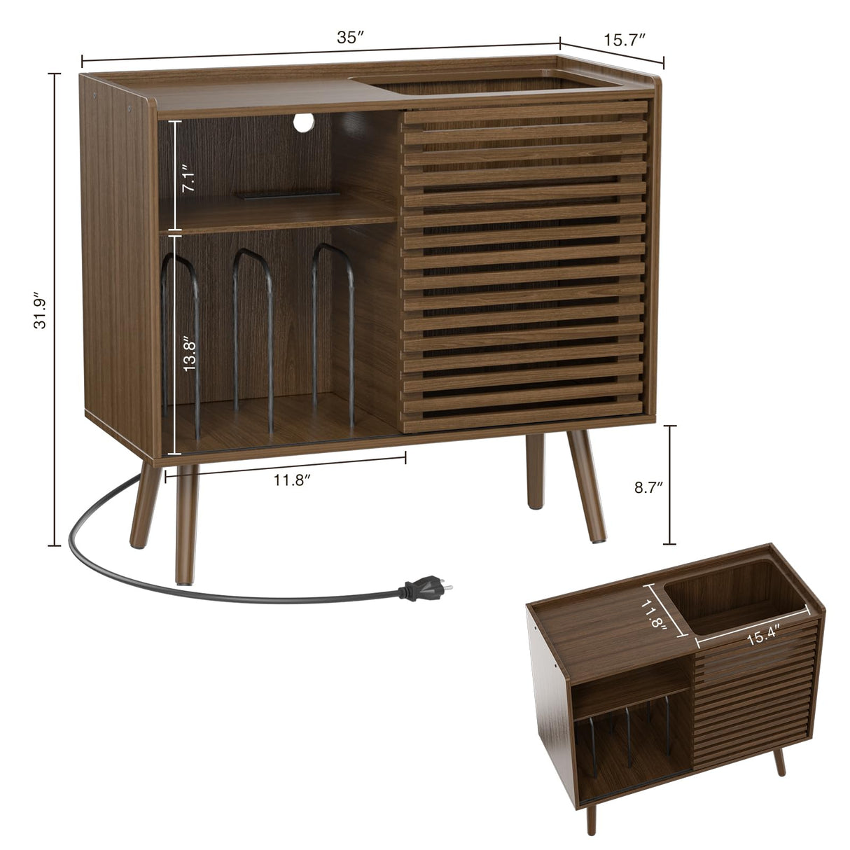 Mid Century Modern Record Player Stand with Power Outlet and Storage Cabinet, Slide Door for Bedroom and Living Room Halitaa