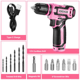 Cordless Drill：DEKOPRO 12V Power Drill Set with Pink Electric Drill with Tool Set Gift Box, Pink Drill Set for Women DEKOPRO