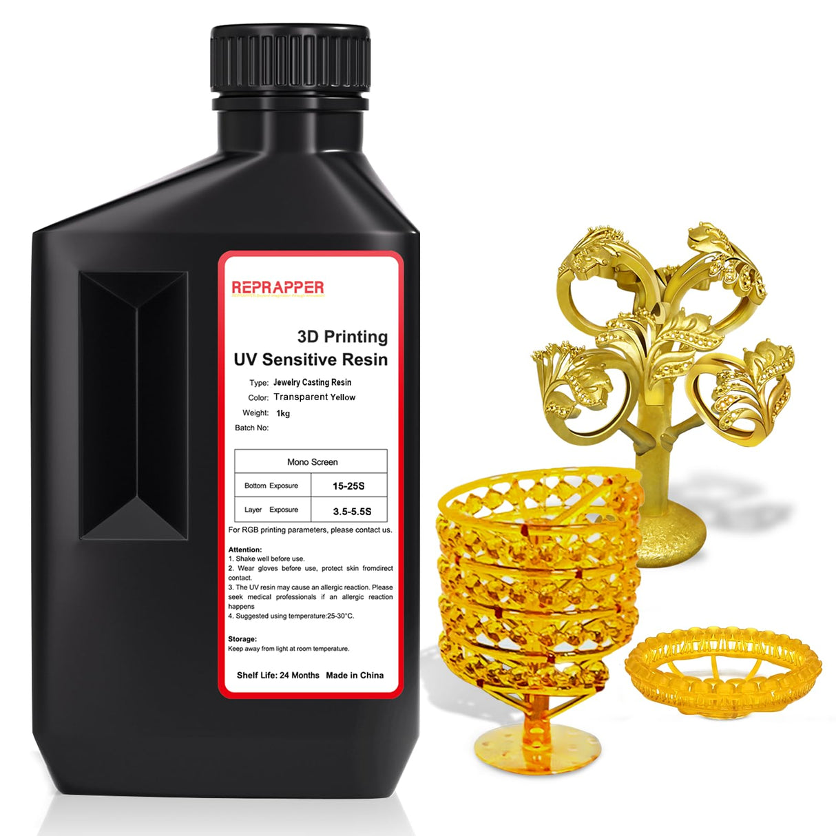 Reprapper Casting 3D Printer Resin, Castable 1kg 3D Printing, Easy to Print and Use, High Resolution 405nm Photopolymer 3D Resin for Jewelry, Bracelets and Metal Parts, Clear Yellow RepRapper