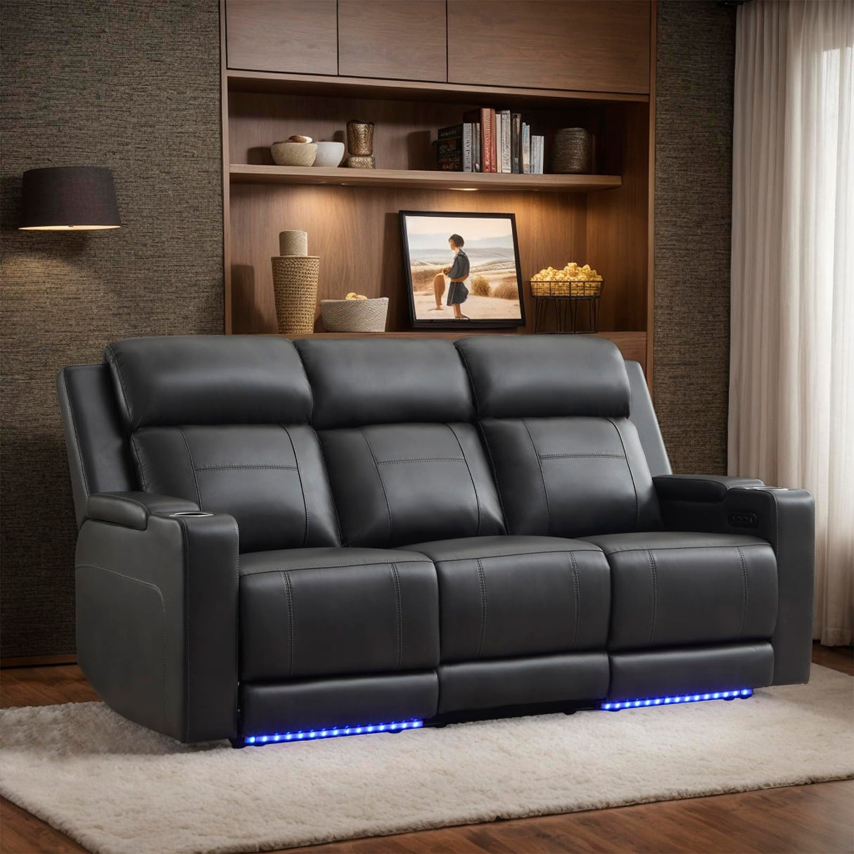 Neptane Power Reclining Sofa with Adjustable Headrest, Home Theater Seating Reclining Couch with LED Light/Outlet/Storage/USB&Type-C, Power Loveseat Recliner Sofa for Living Room (Grey&Black, Sofa) Neptane