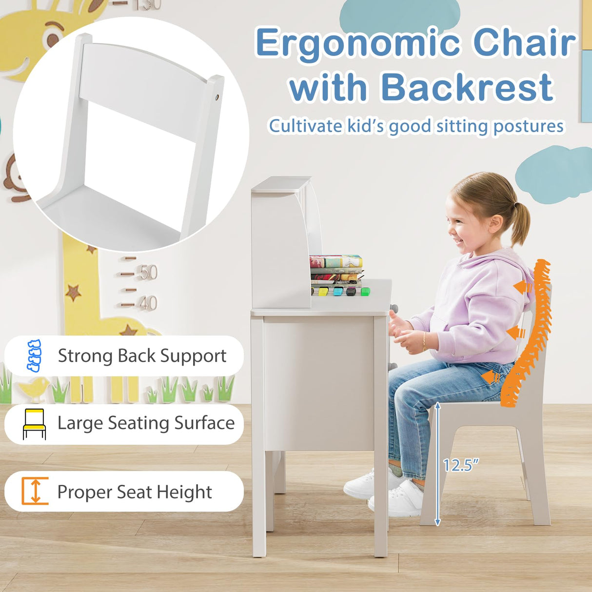 Costzon Kids Desk and Chair Set, Wooden Kids Study Desk with Hutch, Large Cabinet & Drawer for Writing, Reading, Drawing, Student Computer Workstation for Home School, Desk for Kids Ages 3+ (White) Costzon